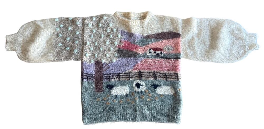 Vintage Susan Vale or Susie Lee Fuzzy Mohair Sheep Landscape Sweater S/M